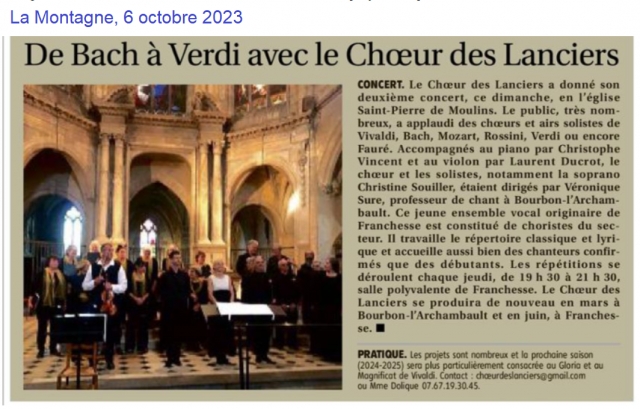 De Bach à Verdi avec le Choeur des Lanciers - La Montagne du 6 octobre 2023
