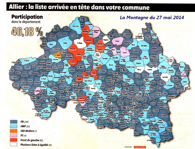 Elections européennes : la liste arrivée en tête dans chaque commune de l&#039;Allier - La Montagne du 27 mai 2014