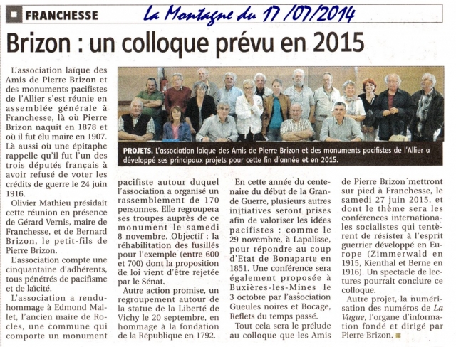 Assemblée générale de l&#039;association des amis de Pierre Brizon - La Montagne du 17 juillet 2014