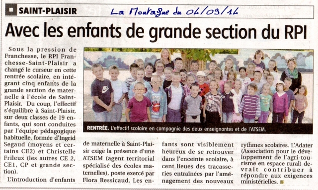 Rentrée scolaire du RPI  à Saint Plaisir - La Montagne du 4 septembre 2014